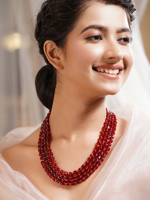 Gold Plated Brass Red Beaded Multi Layer Long Necklace