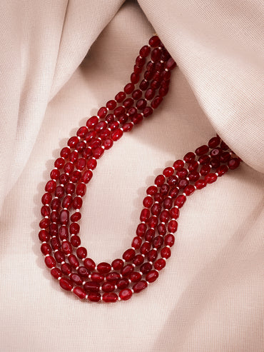 Gold Plated Brass Red Beaded Multi Layer Long Necklace