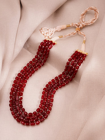 Gold Plated Brass Red Beaded Multi Layer Long Necklace