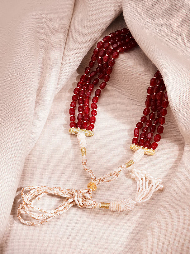 Gold Plated Brass Red Beaded Multi Layer Long Necklace