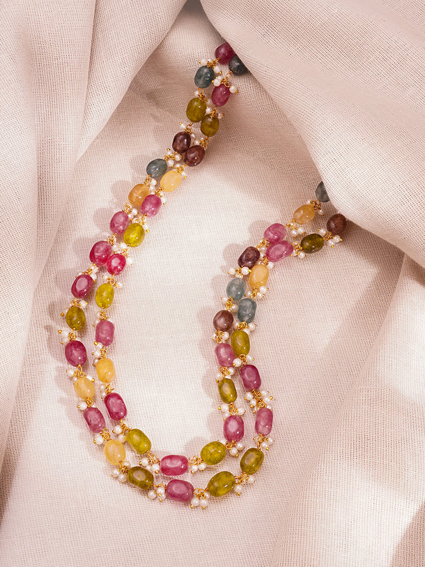 Gold Plated Brass Multicolour Semi Precious Beaded Double Layer Necklace