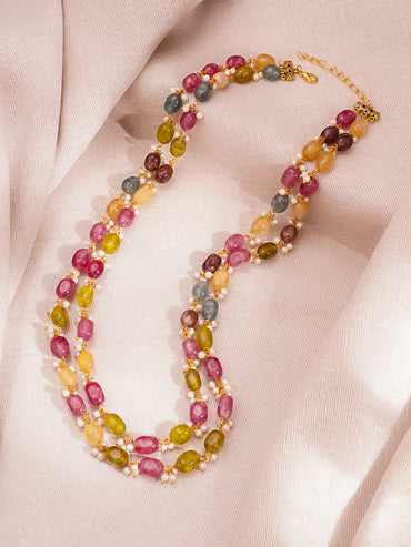 Gold Plated Brass Multicolour Semi Precious Beaded Double Layer Necklace
