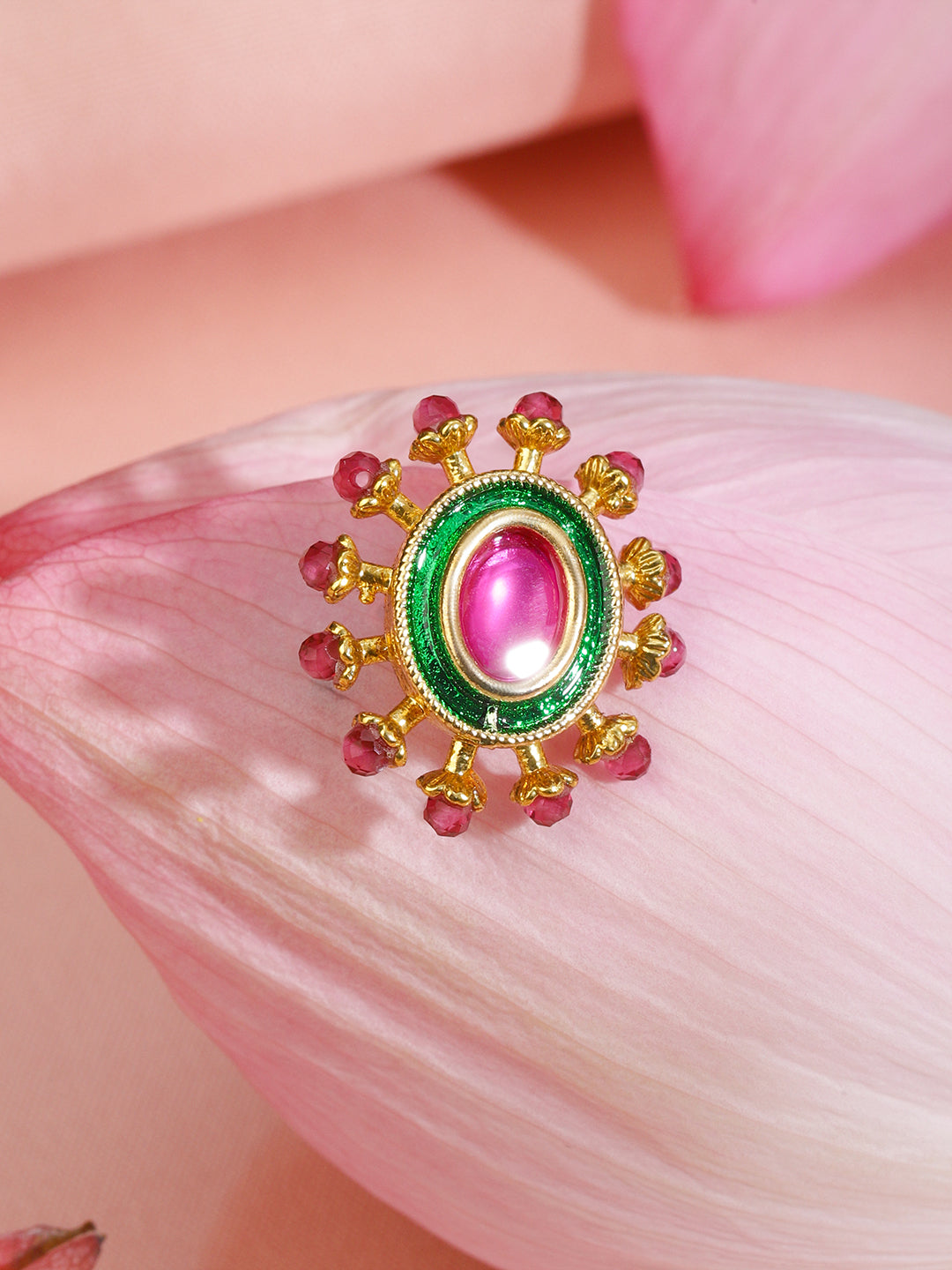Rubans 18K Gold-Plated Ruby Pink Stone Studded Non-Pierced Clip-On Nath with Green Enamel