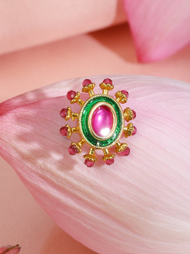 Rubans 18K Gold-Plated Ruby Pink Stone Studded Non-Pierced Clip-On Nath with Green Enamel