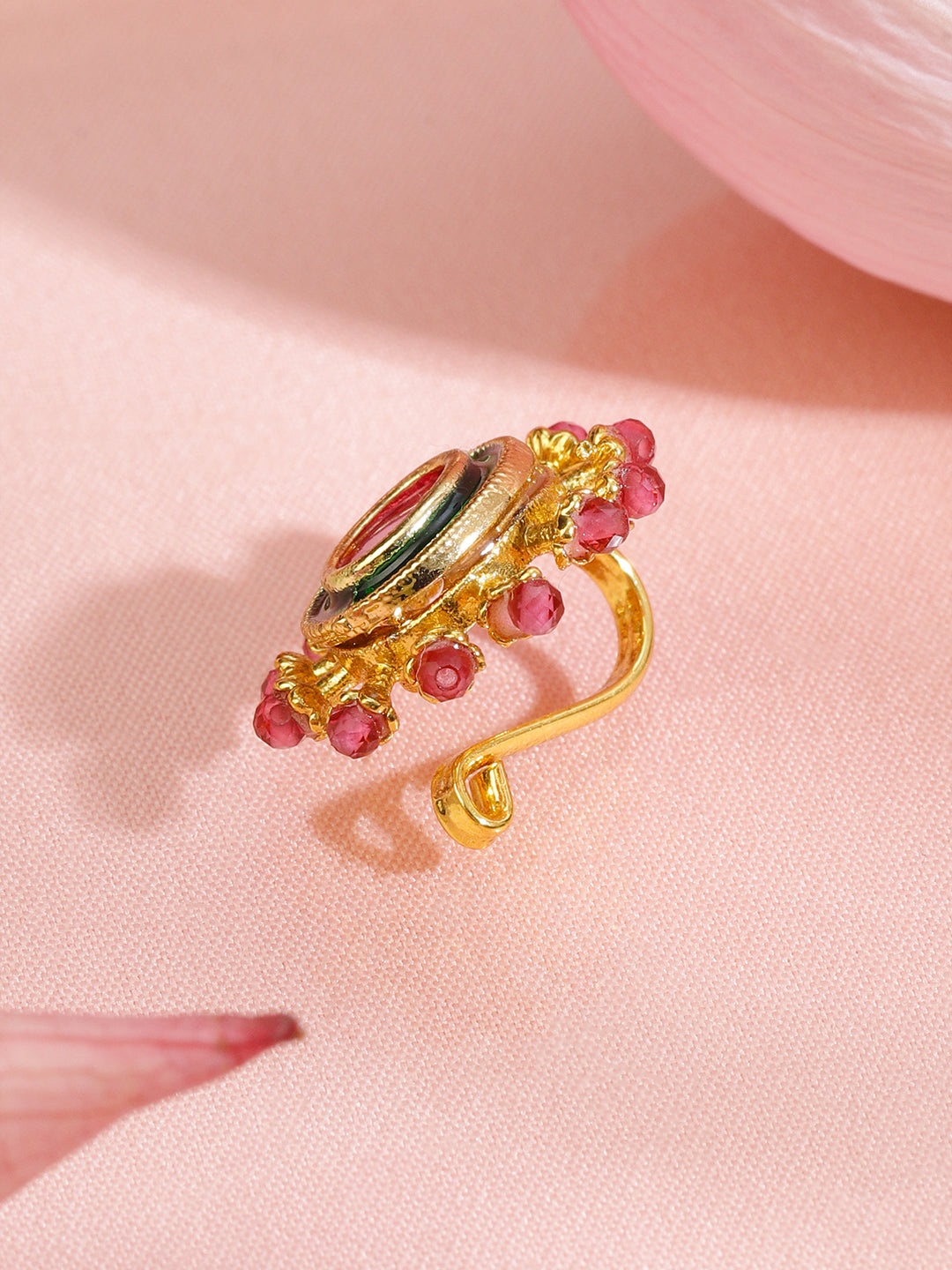 Rubans 18K Gold-Plated Ruby Pink Stone Studded Non-Pierced Clip-On Nath with Green Enamel
