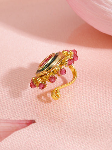Rubans 18K Gold-Plated Ruby Pink Stone Studded Non-Pierced Clip-On Nath with Green Enamel