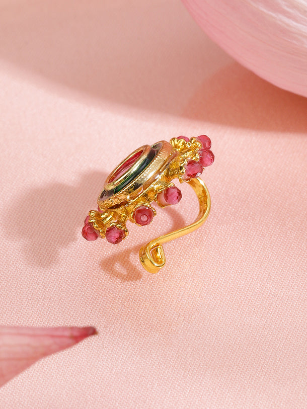 Rubans 18K Gold-Plated Ruby Pink Stone Studded Non-Pierced Clip-On Nath with Green Enamel