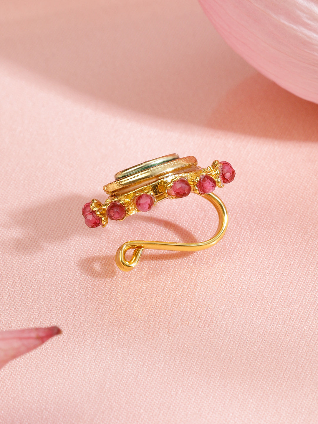 Rubans 18K Gold-Plated Ruby Pink Stone Studded Non-Pierced Clip-On Nath with Green Enamel