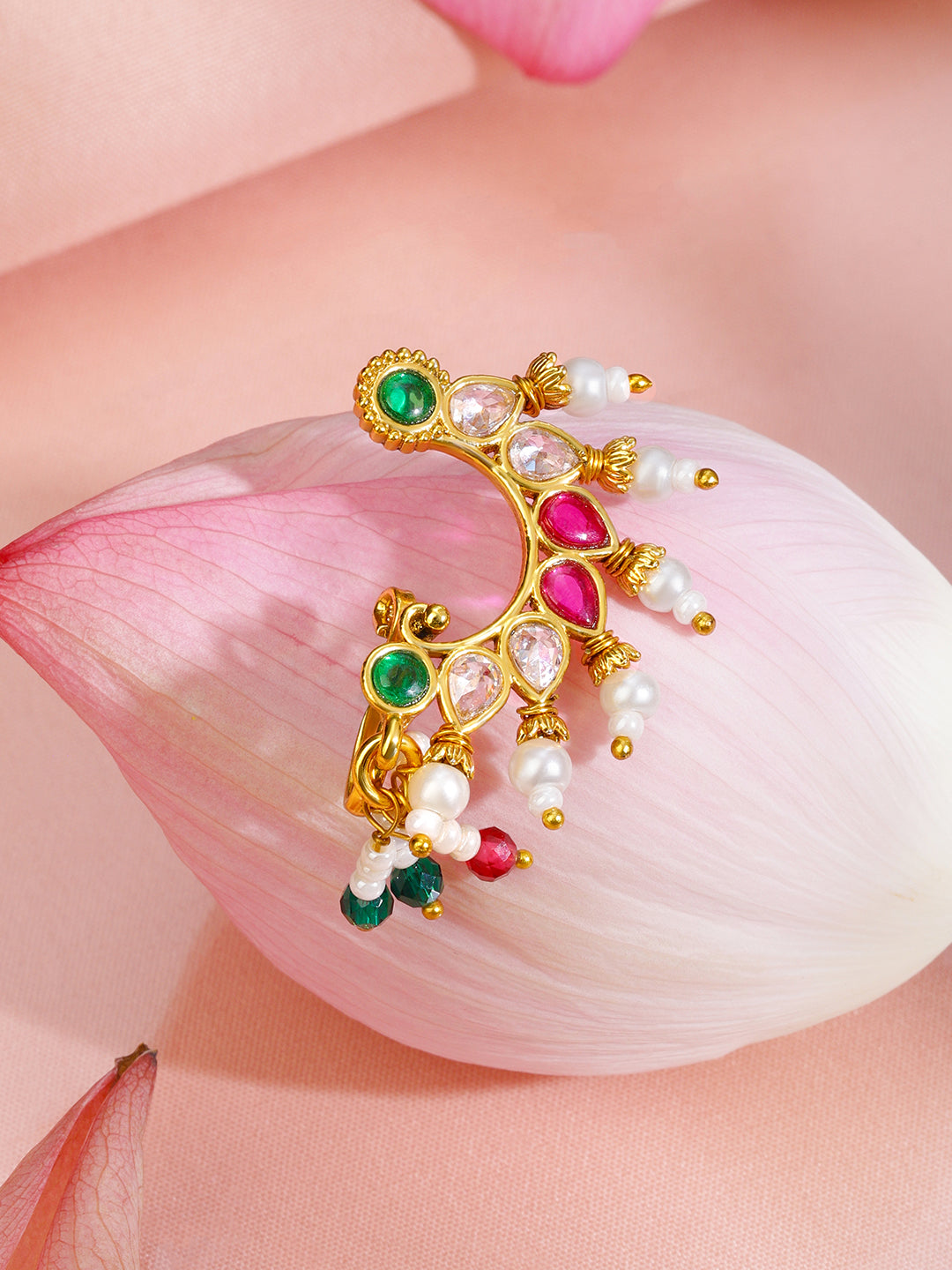 Rubans 18K Gold-Plated Ruby Pink White & Emerald Green Stone Crescent Nath with Pearl Drops â€“ Non-Pierced Clip-On
