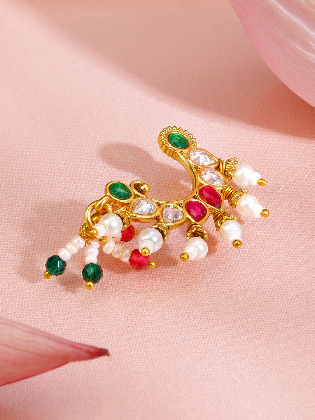 Rubans 18K Gold-Plated Ruby Pink White & Emerald Green Stone Crescent Nath with Pearl Drops â€“ Non-Pierced Clip-On