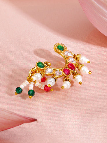 Rubans 18K Gold-Plated Ruby Pink White & Emerald Green Stone Crescent Nath with Pearl Drops â€“ Non-Pierced Clip-On