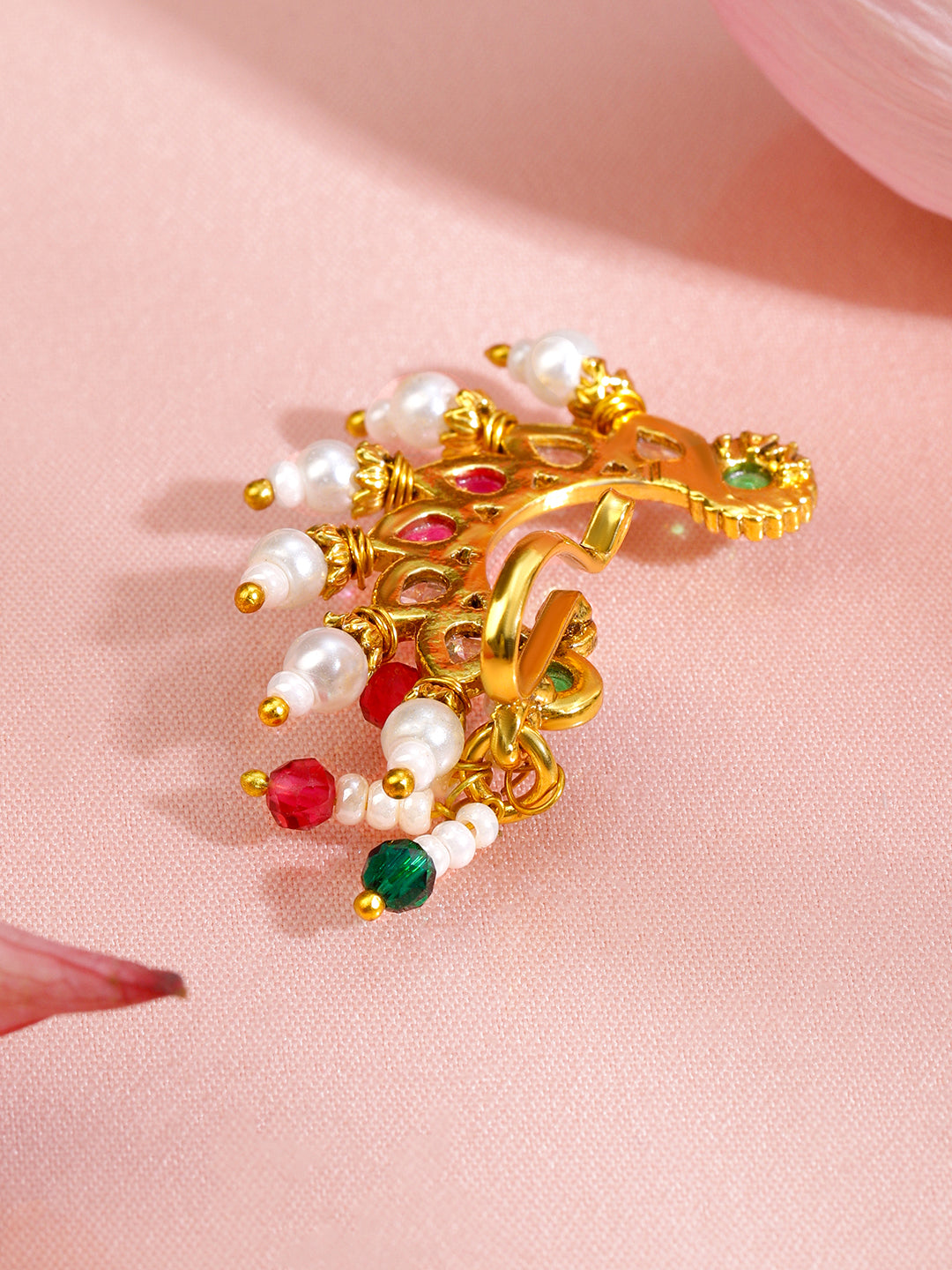Rubans 18K Gold-Plated Ruby Pink White & Emerald Green Stone Crescent Nath with Pearl Drops â€“ Non-Pierced Clip-On