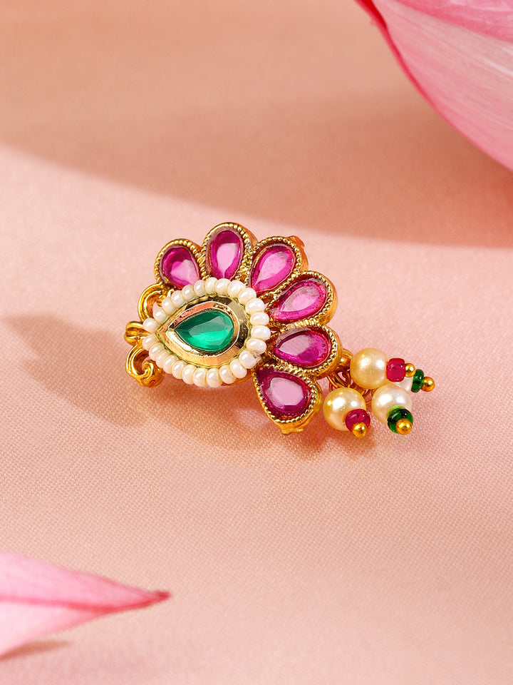 Rubans 18K Gold-Plated Ruby Pink & Emerald Green Floral Nath with Pearl Beads â€“ Non-Pierced Clip-On Nose Pin
