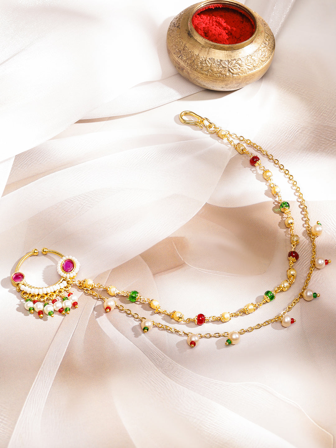 Rubans 18K Gold-Plated Ruby Kundan Studded Multi-Colour Pearl Bead Triple-Layer Chain Nath Nosepin