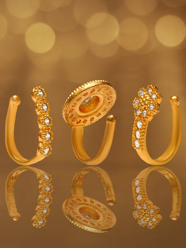 Rubans Set of 3 18K Gold-Plated Adjustable Nose Pins with Cubic Zirconia Detailing