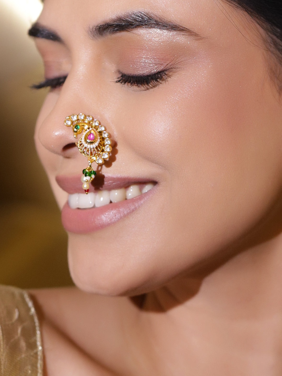 Rubans 22K Gold-Plated Kundan Studded Stud Nosepin