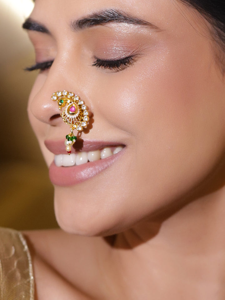 Rubans 22K Gold-Plated Kundan Studded Stud Nosepin