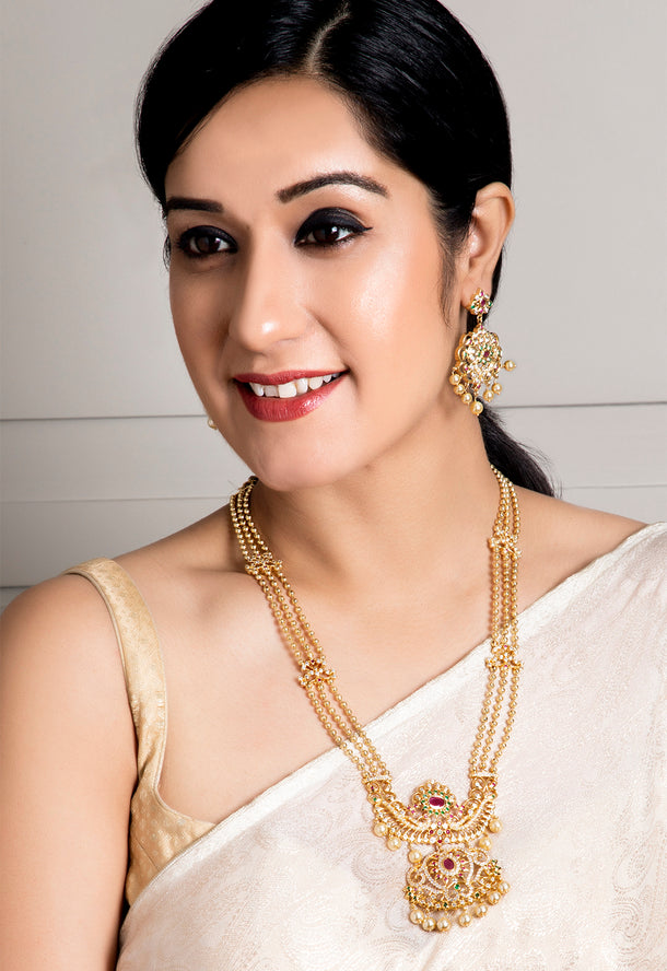 Rubans Gold Plated Hand Crafted Eligant Mutlti -Strand Temple Necklace Set