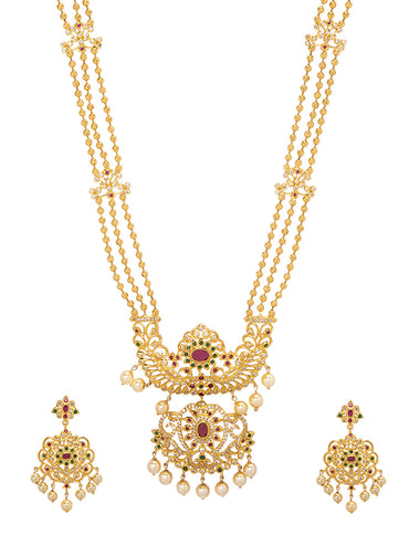 Rubans Gold Plated Hand Crafted Eligant Mutlti -Strand Temple Necklace Set