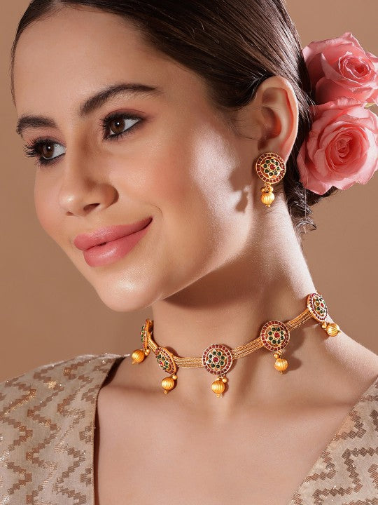 Rubans Gold Plated Handcrafted Red & Green Stone Studded Necklace Set.