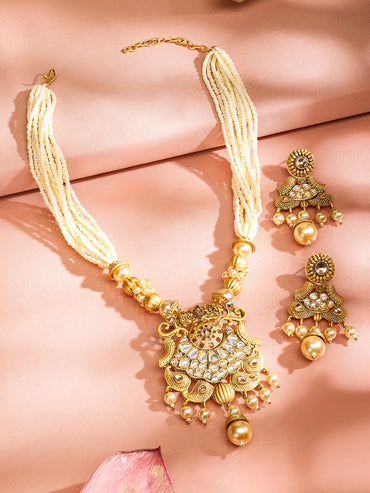 Rubans 22K Gold-Plated White Kundan & Pearl Studded and Beaded Multi-Strand Necklace Set
