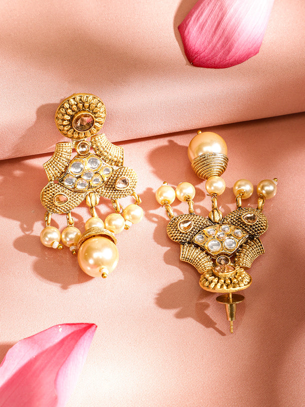 Rubans 22K Gold-Plated White Kundan & Pearl Studded and Beaded Multi-Strand Necklace Set