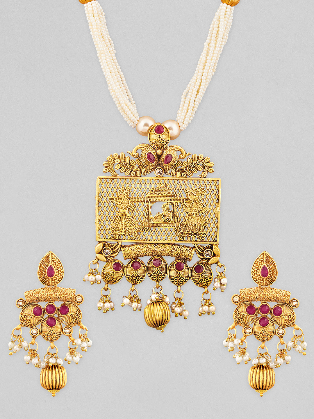 Rubans 22K Gold-Plated Ruby & White Pearl Beaded Multistrand Temple Motif Jewellery Set