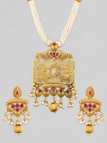 Rubans 22K Gold-Plated Ruby & White Pearl Beaded Multistrand Temple Motif Jewellery Set