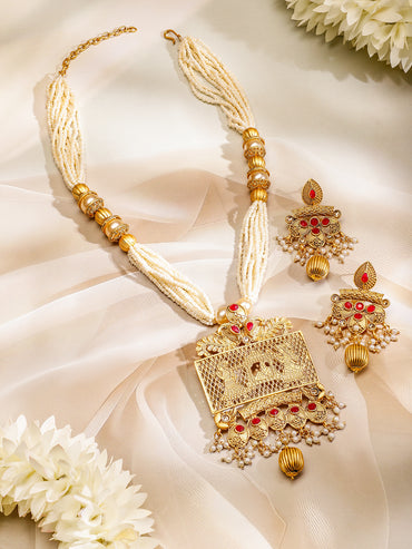 Rubans 22K Gold-Plated Ruby & White Pearl Beaded Multistrand Temple Motif Jewellery Set