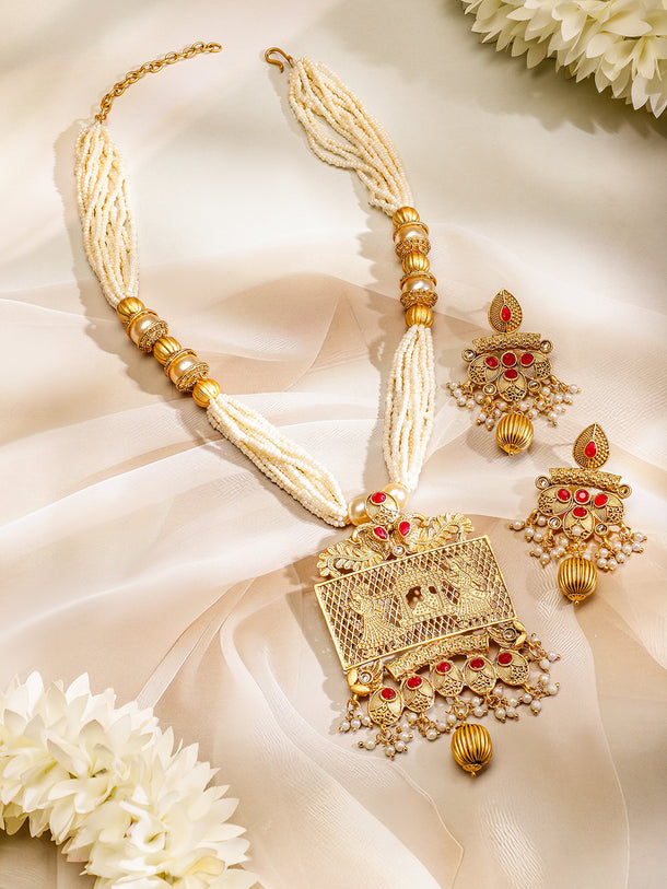 Rubans 22K Gold-Plated Ruby & White Pearl Beaded Multistrand Temple Motif Jewellery Set
