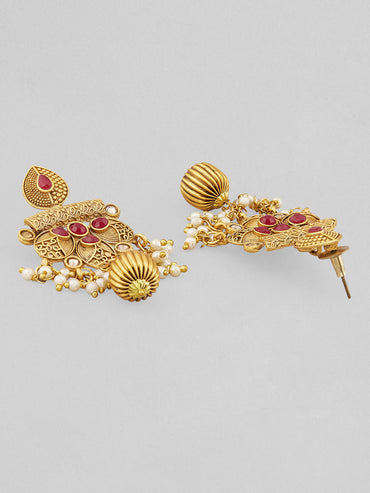 Rubans 22K Gold-Plated Ruby & White Pearl Beaded Multistrand Temple Motif Jewellery Set