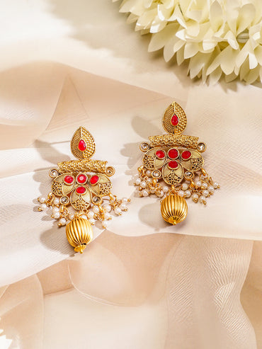 Rubans 22K Gold-Plated Ruby & White Pearl Beaded Multistrand Temple Motif Jewellery Set