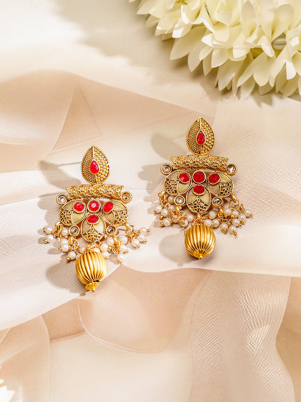 Rubans 22K Gold-Plated Ruby & White Pearl Beaded Multistrand Temple Motif Jewellery Set