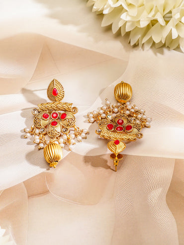Rubans 22K Gold-Plated Ruby & White Pearl Beaded Multistrand Temple Motif Jewellery Set