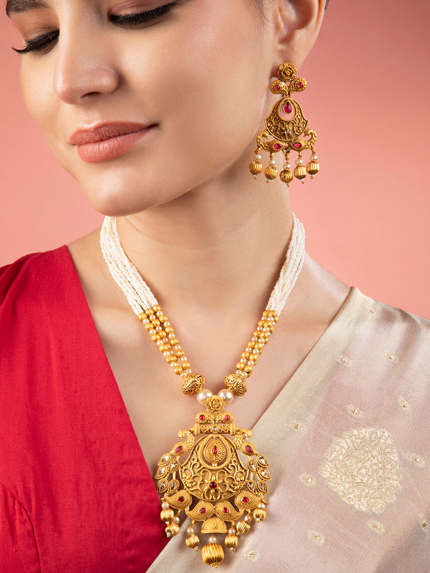 Rubans 24K Gold Plated Ruby Studded Golden & Pearl Beaded MultiStrand Temple Jewellery Set