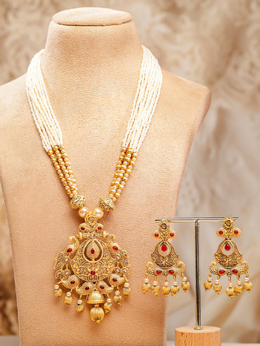 Rubans 24K Gold Plated Ruby Studded Golden & Pearl Beaded MultiStrand Temple Jewellery Set