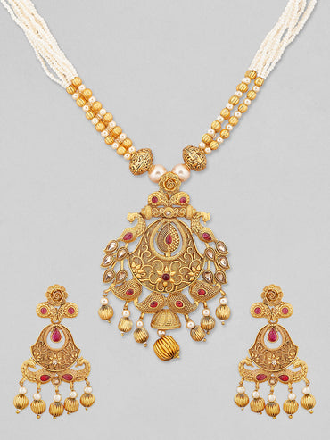 Rubans 24K Gold Plated Ruby Studded Golden & Pearl Beaded MultiStrand Temple Jewellery Set