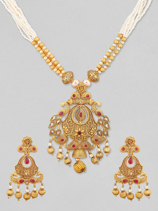 Rubans 24K Gold Plated Ruby Studded Golden & Pearl Beaded MultiStrand Temple Jewellery Set