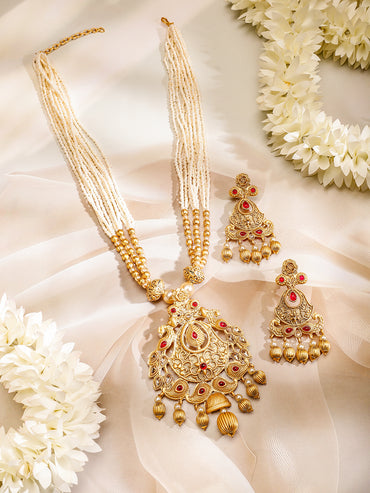 Rubans 24K Gold Plated Ruby Studded Golden & Pearl Beaded MultiStrand Temple Jewellery Set