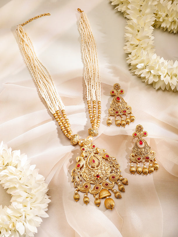 Rubans 24K Gold Plated Ruby Studded Golden & Pearl Beaded MultiStrand Temple Jewellery Set