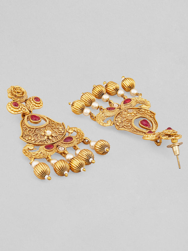 Rubans 24K Gold Plated Ruby Studded Golden & Pearl Beaded MultiStrand Temple Jewellery Set