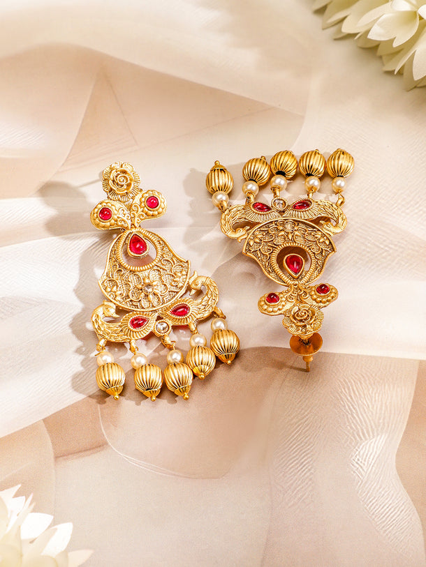 Rubans 24K Gold Plated Ruby Studded Golden & Pearl Beaded MultiStrand Temple Jewellery Set