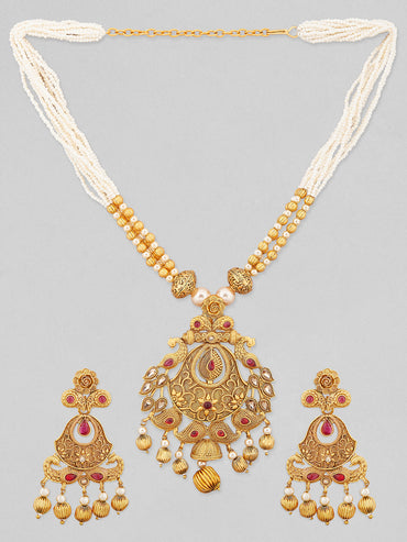 Rubans 24K Gold Plated Ruby Studded Golden & Pearl Beaded MultiStrand Temple Jewellery Set