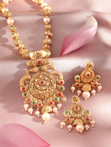 Rubans 24K Gold Plated Ruby & Emerald Stones and Pearl & Golden Beads Temple Jewelry Set