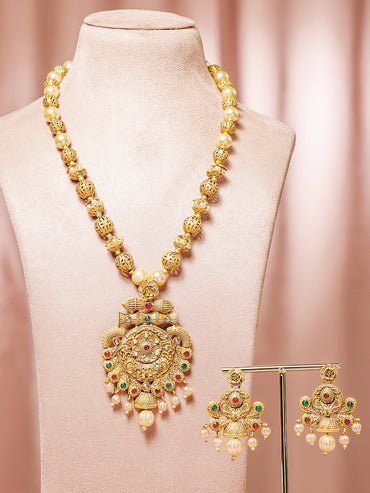 Rubans 24K Gold Plated Ruby & Emerald Stones and Pearl & Golden Beads Temple Jewelry Set