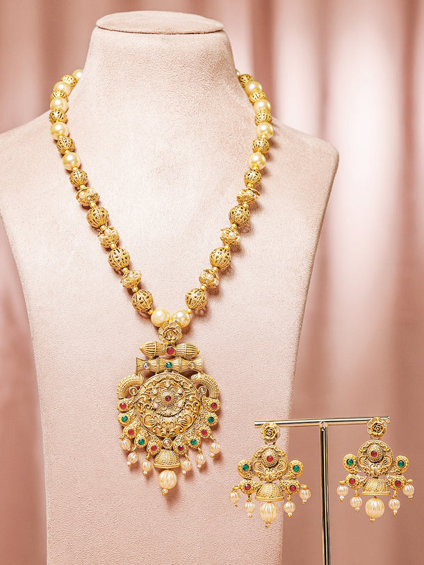 Rubans 24K Gold Plated Ruby & Emerald Stones and Pearl & Golden Beads Temple Jewelry Set