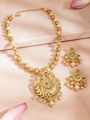 Rubans 24K Gold Plated Ruby & Emerald Stones and Pearl & Golden Beads Temple Jewelry Set