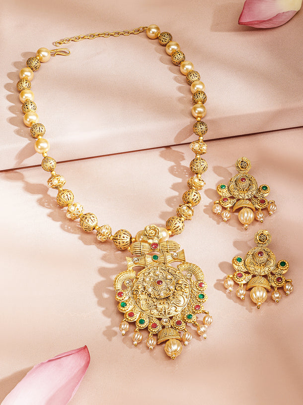 Rubans 24K Gold Plated Ruby & Emerald Stones and Pearl & Golden Beads Temple Jewelry Set