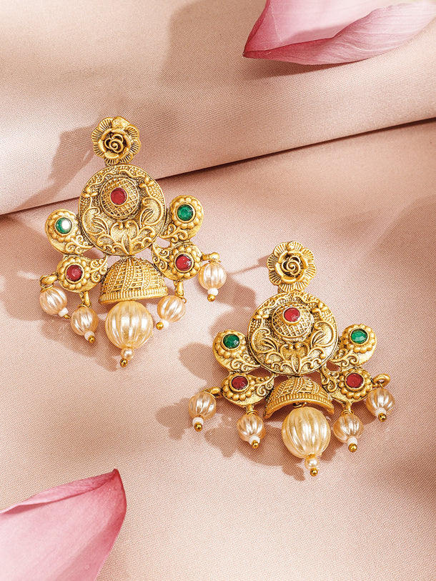 Rubans 24K Gold Plated Ruby & Emerald Stones and Pearl & Golden Beads Temple Jewelry Set