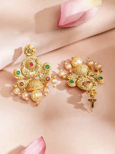 Rubans 24K Gold Plated Ruby & Emerald Stones and Pearl & Golden Beads Temple Jewelry Set